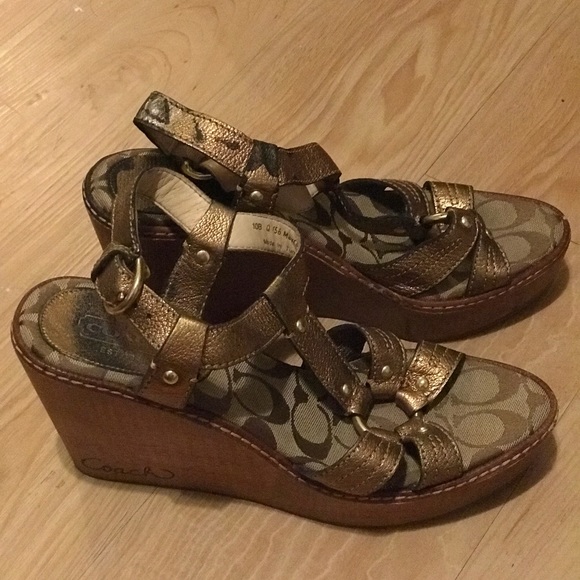 Coach Mayra Metallic Leather Wood Platform Wedges - Picture 2 of 4